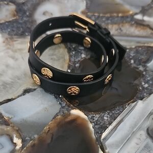 Tory Burch Black Leather Wrap Bracelet with Gold Medallions